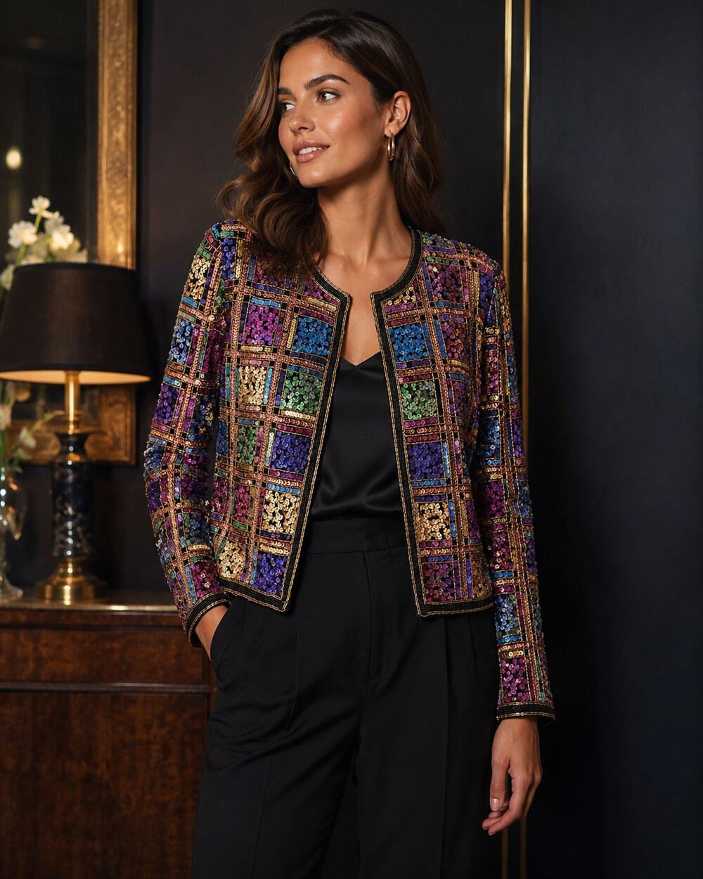 Laurence Kazar | Vintage Silk Beaded Sequin Jacket M Multicolor Evening Party